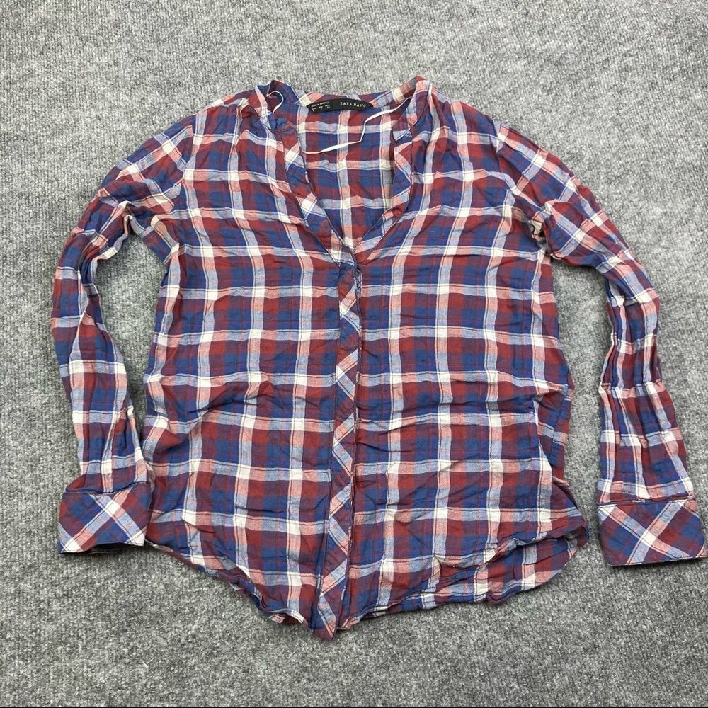 Zara Shirt Womens Size S Red Blue Plaid Long Sleeve Button Down Casual Top